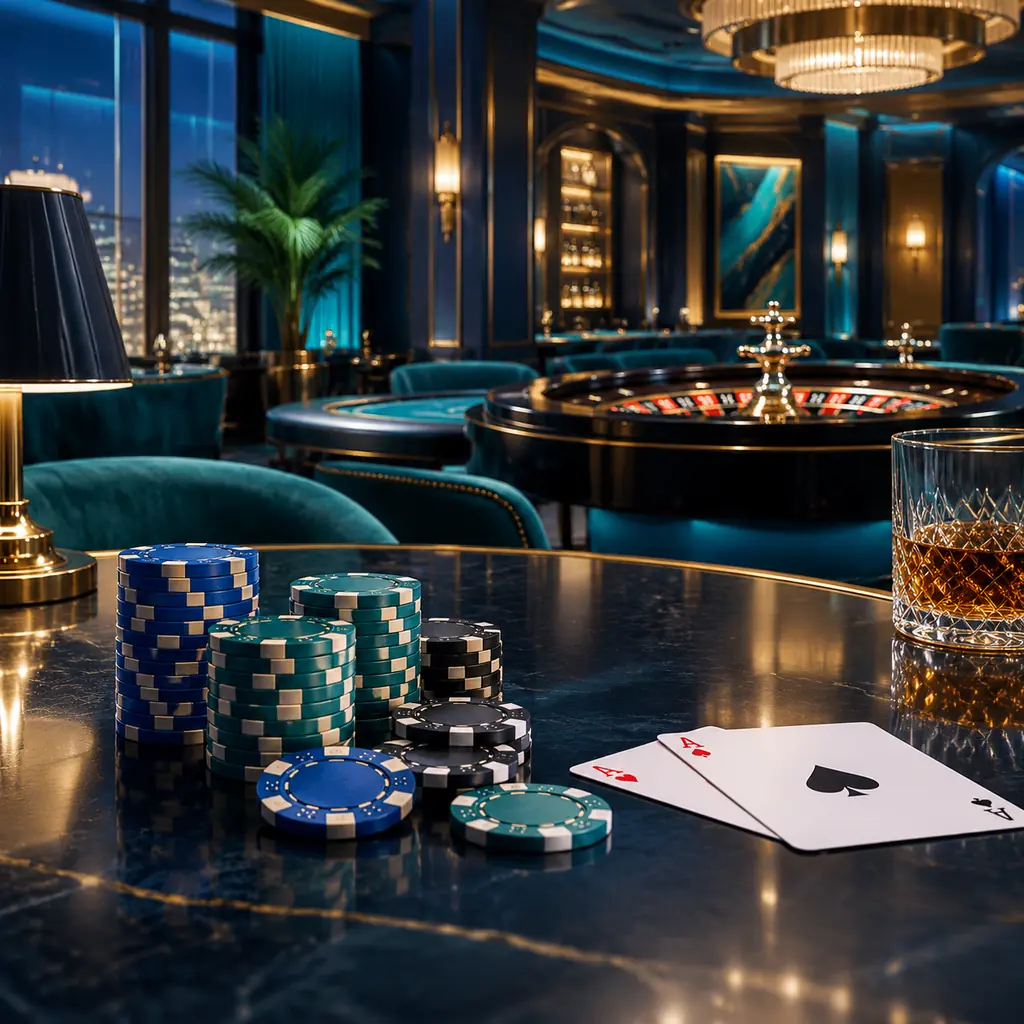 Interior sudut lounge casino dengan meja roulette jauh di belakang, komposisi navy dan teal