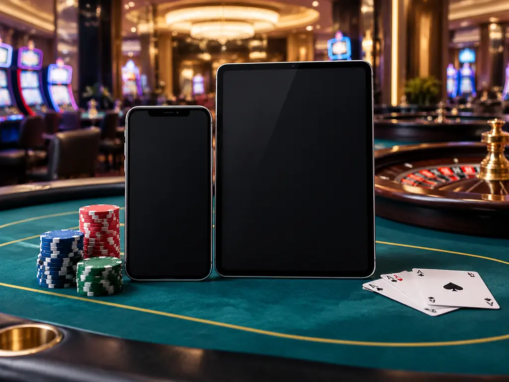 Ponsel dan tablet berdampingan dengan perlengkapan casino