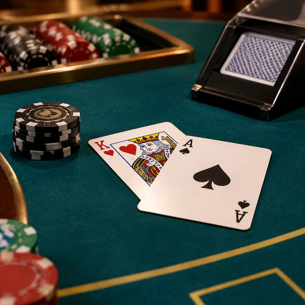 Kartu As dan kartu bernilai sepuluh di meja blackjack