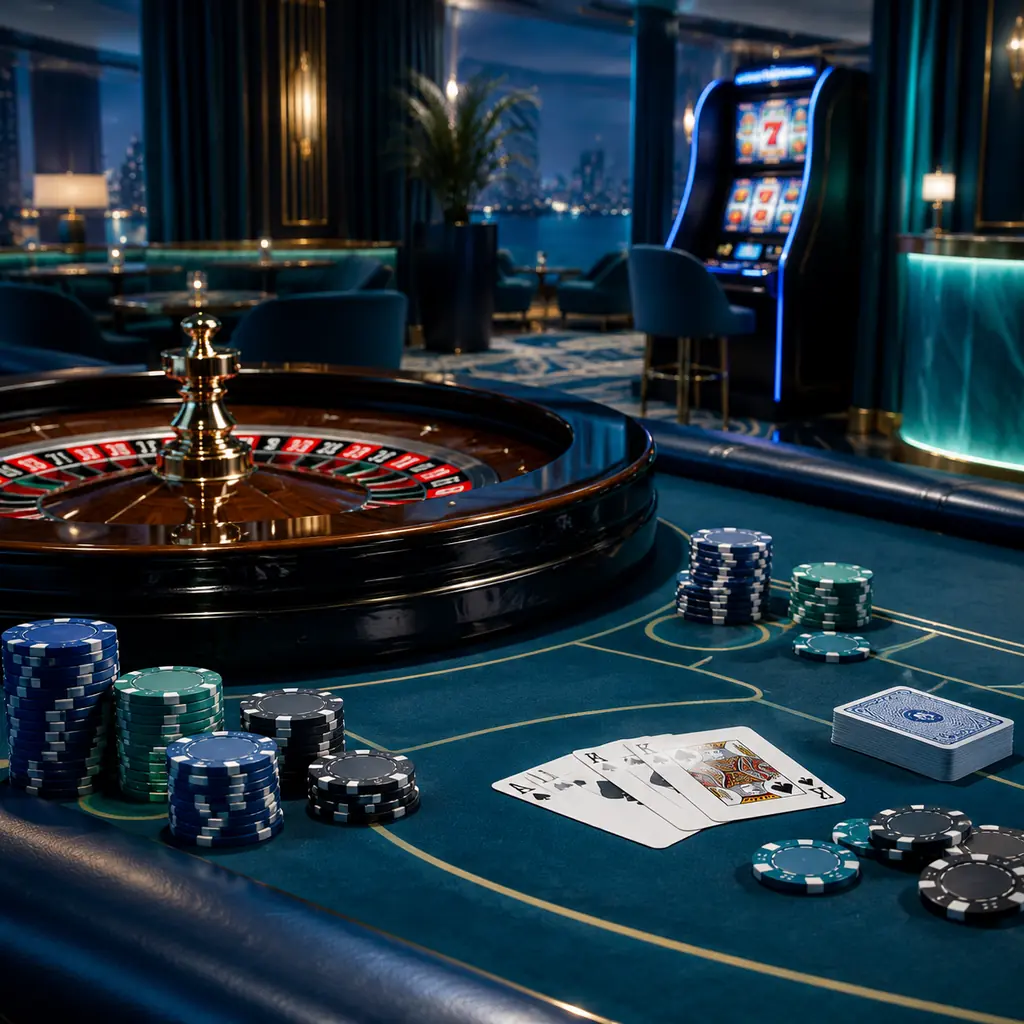 Meja kartu, roda roulette, dan perangkat permainan di ruang kasino bernuansa biru