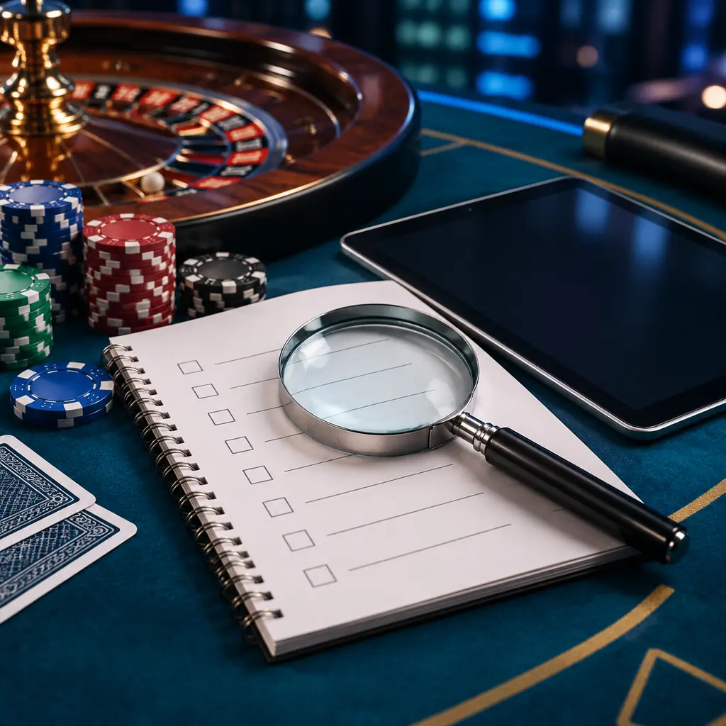 Kaca pembesar dan catatan bantuan kosong di meja casino
