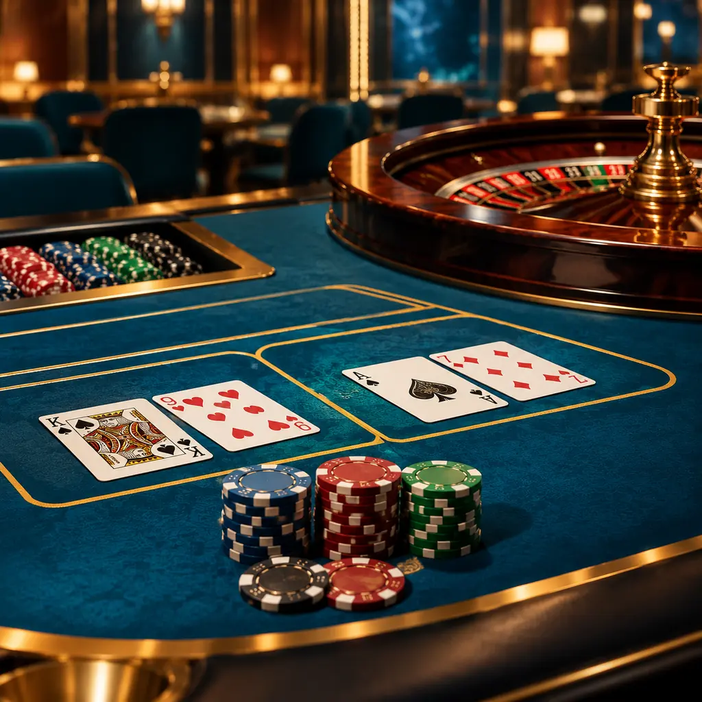 Kartu baccarat dan roda roulette di meja casino