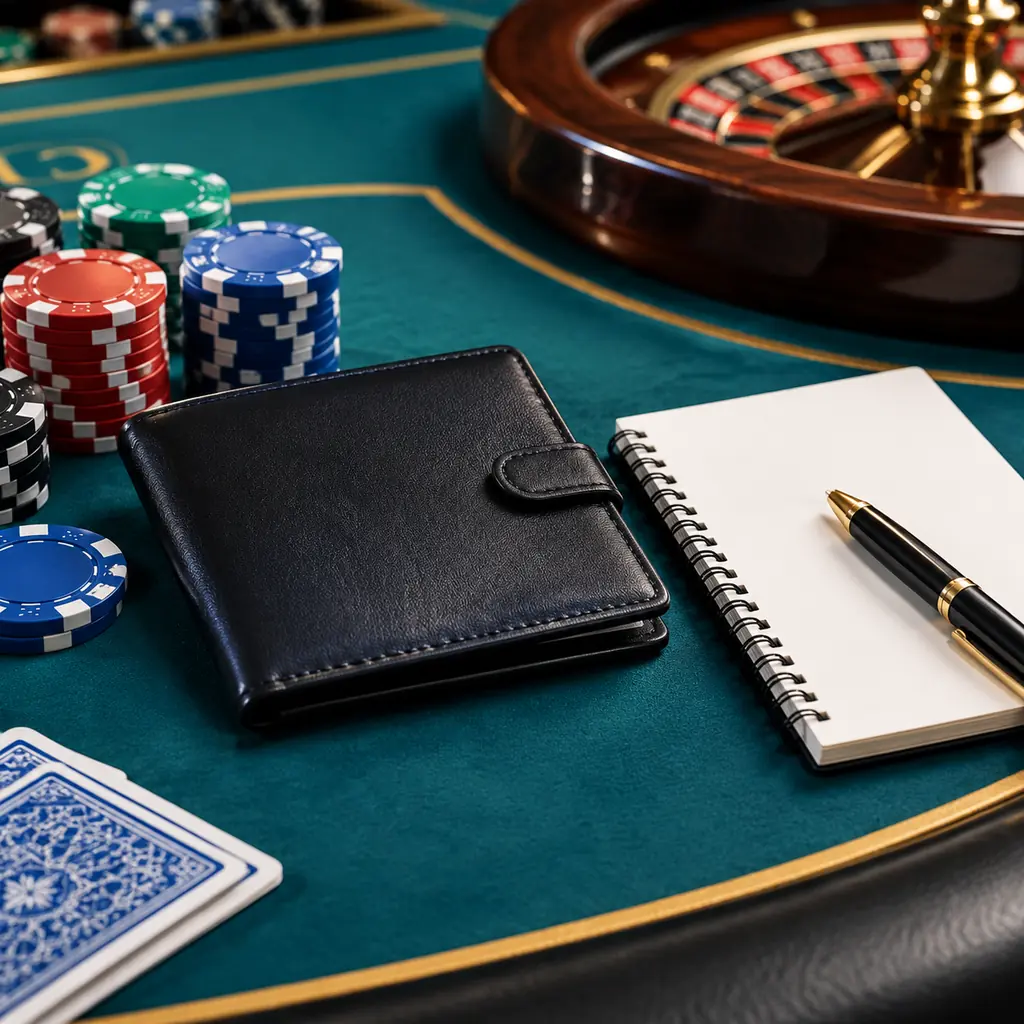 Kartu identitas tertutup dan catatan kosong di sisi meja casino