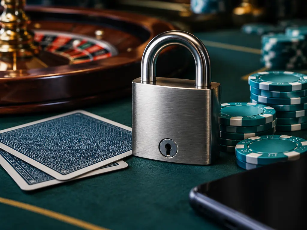 Gembok logam dan kartu tertutup di meja casino