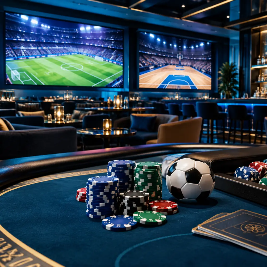 Lounge olahraga casino dengan layar pertandingan tanpa skor